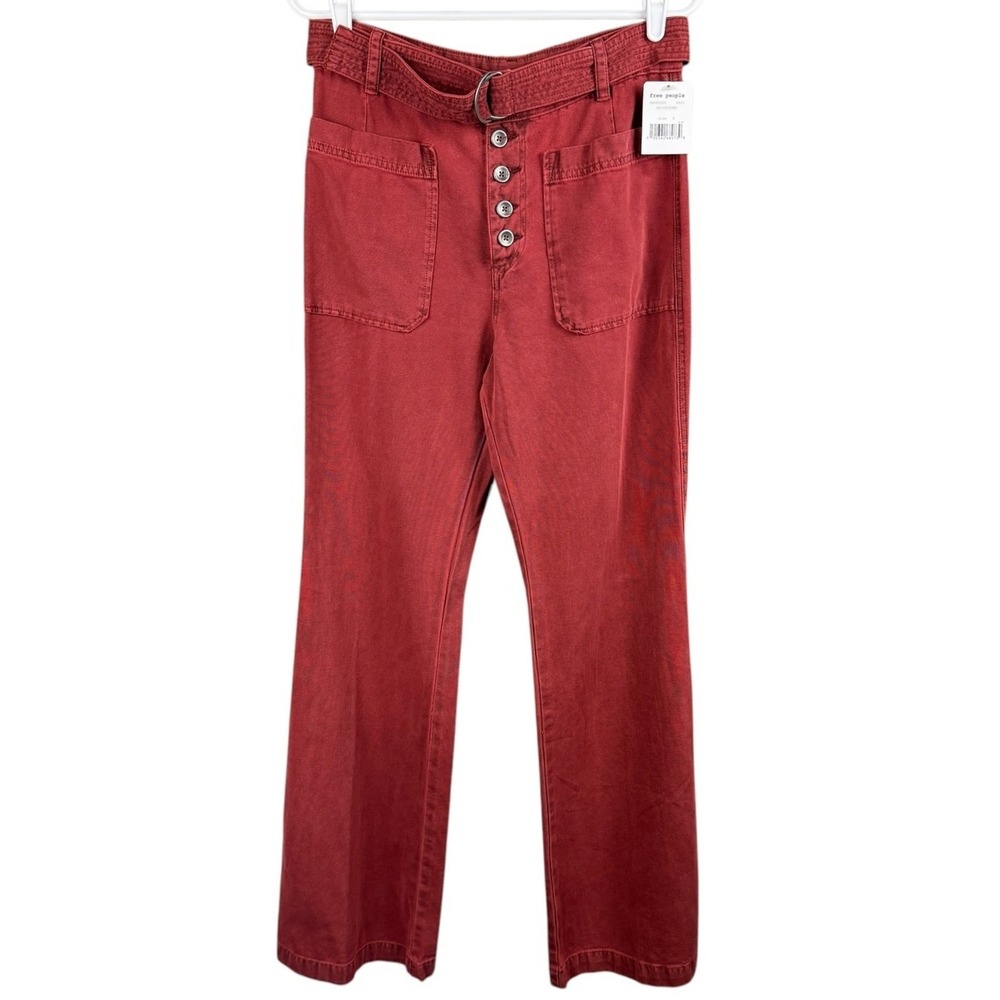 Free People Women's Brickstone Flare Pants 8 Reddish Brown Button Front‎ Belted